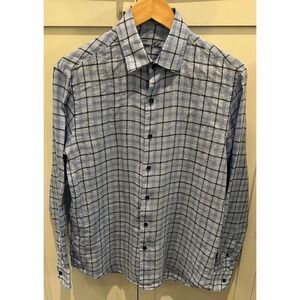 Tasso Elba Mens Small Blue Windowpane Plaid 100% Linen Long Sleeve Button Down